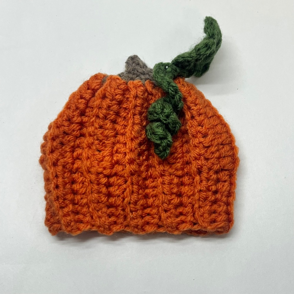 Handmade Crochet Pumpkin Hat Orange Knit‎ Beanie Fall Halloween Photo Prop Small